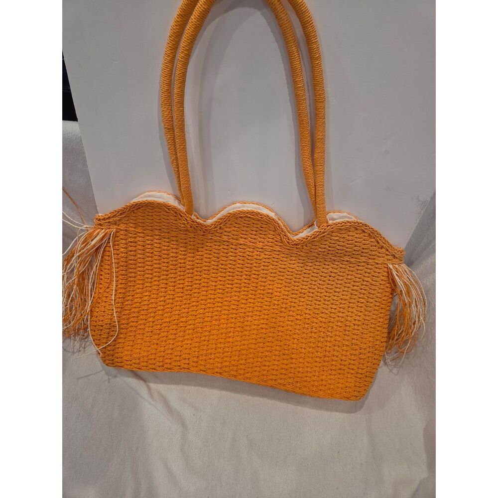 Orange Straw Fringe Tote Bag Scalloped Boho Beach Resortwear - Picture 2 of 7